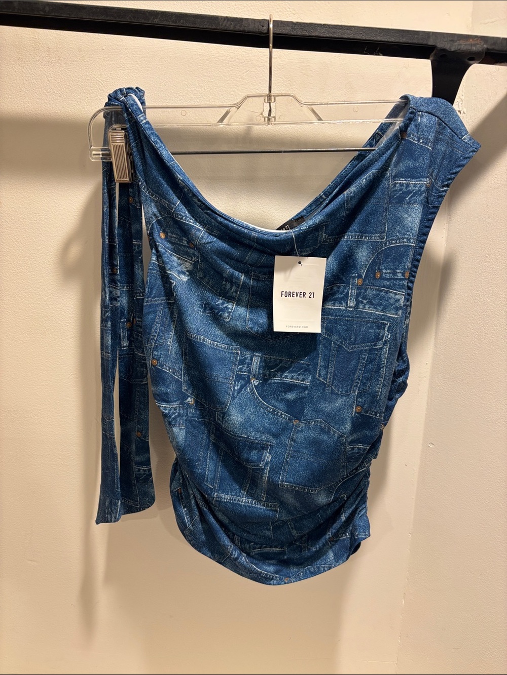 Forever 21 Blue Faux-Denim Draped One-Shoulder Tank